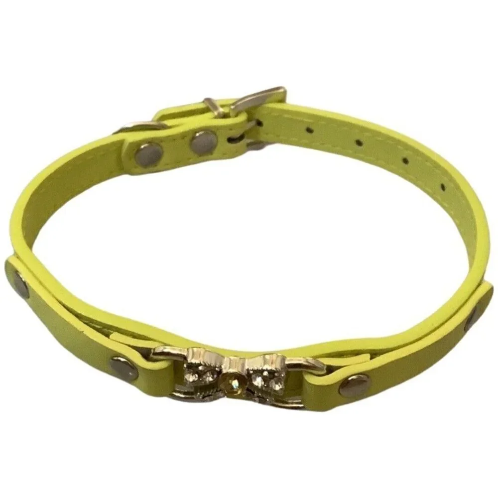 Yellow Dog Collar With Blinged/ Bedazzled  Bow with Adjustable Buckle Closure